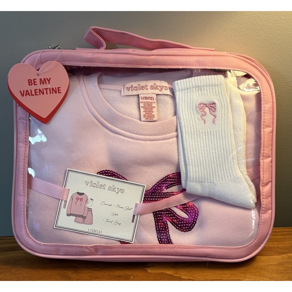 Violet Skye Girls L 10/12 Pink Ribbon Sweatshirt Shorts Socks 4pc Set & Bag
